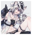 1girl :d animal_ears arknights armpit_peek bandeau belt black_gloves black_hair black_legwear black_shorts breasts cabbie_hat checkered cliffheart_(arknights) commentary elmar eyebrows_visible_through_hair fang gloves grey_background hair_between_eyes hat jacket jewelry leopard_ears leopard_tail looking_at_viewer midriff multicolored_hair navel necklace open_mouth pendant short_hair short_shorts shorts silver_eyes silver_hair simple_background single_earring single_thighhigh sitting sleeveless sleeveless_jacket small_breasts smile solo spotted_fur strapless tail tassel_earrings thigh_strap thighhighs thighs tubetop twitter_username two-tone_hair waving white_headwear white_jacket 