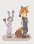  2020 anthro barefoot brown_body brown_fur canid canine clothed clothing disney duo female flower fox fully_clothed fur green_eyes grey_body grey_fur hi_res holding_flower holding_object judy_hopps lagomorph leporid looking_at_another male mammal nick_wilde nklove3104 plant plantigrade purple_eyes rabbit red_fox rose_(flower) smile standing zootopia 