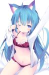  1girl animal_ear_fluff animal_ears arm_up bangs bare_shoulders bed_sheet blue_eyes blue_hair blush bow bow_bra bra breasts cat_ears cat_girl cat_tail cleavage closed_mouth collared_shirt eyebrows_visible_through_hair groin hair_between_eyes hand_up kyuukon_(qkonsan) long_hair long_sleeves medium_breasts navel off_shoulder one_eye_closed open_clothes open_shirt original panties red_bra red_panties rubbing_eyes shirt sitting sleeves_past_wrists solo tail tail_raised underwear very_long_hair waking_up white_shirt 