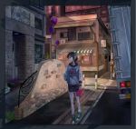  1girl awning black_hair black_shorts building cabbage_kizamiyarou day flower grate ground_vehicle highres motor_vehicle original road_sign shoes short_hair shorts sign sneakers solo standing toolbox truck watch wristwatch 