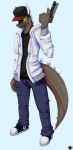  anthro bottomwear clothed clothing desert_eagle footwear fully_clothed gun handgun hat headgear headwear hi_res hoodie jeans lizard male pants pinchedkitties pistol plantigrade ranged_weapon reptile scalie shirt shoes solo topwear trigger_discipline weapon 