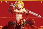  1girl abs artist_name bangs bare_shoulders blonde_hair braid breasts character_name commentary_request detached_sleeves eyebrows_visible_through_hair fate/apocrypha fate_(series) green_eyes hand_on_hip holding holding_sword holding_weapon long_hair long_sleeves long_sword looking_at_viewer medium_breasts mordred_(fate) mordred_(fate)_(all) navel open_mouth over_shoulder paolo_espana ponytail red_background red_sleeves simple_background smile solo sword weapon weapon_over_shoulder 