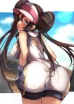  1girl :o ass bare_shoulders blue_hair blurry blurry_background blush bokeh breasts covered_nipples cowboy_shot depth_of_field double_bun from_behind gloves hair_between_eyes hand_on_hip highres kobiemon large_breasts looking_back no_bra no_panties open_mouth pointy_breasts pokemon pokemon_(game) pokemon_bw2 pokemon_unite rosa_(pokemon) sidelocks solo sweatdrop taut_clothes thigh_gap thighs twintails visor_cap 