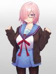  1girl alternate_costume bangs belt black_legwear blue_belt blue_skirt blush breasts brown_jacket collarbone commentary_request eyebrows_visible_through_hair eyes_visible_through_hair fate/grand_order fate_(series) glasses grey_background hair_over_one_eye jacket large_breasts lavender_hair long_sleeves looking_at_viewer mash_kyrielight mikan_(chipstar182) pantyhose parted_lips purple_eyes red_ribbon ribbon shirt short_hair simple_background skirt smile solo teeth white_shirt 
