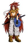  1girl absurdly_long_hair bangs belt belt_buckle black_nails blue_eyes boots breasts buckle chrono_trigger crono fingerless_gloves genderswap genderswap_(mtf) gloves headband highres katana large_breasts long_hair looking_at_viewer nail_polish one_eye_covered pants pouch red_hair solo spiked_hair sword very_long_hair weapon white_background white_pants 