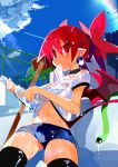  1girl absurdres alternate_costume black_legwear blue_buruma buruma demon_girl demon_tail demon_wings disgaea drying drying_clothes etna gym_uniform highres looking_at_viewer makai_senki_disgaea miyakawa106 mouth_hold navel outdoors pointy_ears red_eyes red_hair see-through slit_pupils solo sportswear tail thighhighs twintails wet wet_clothes wings 