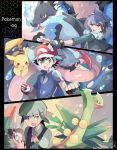  3boys :d alan_(pokemon) ascot ash-greninja bangs baseball_cap black_border black_coat black_gloves black_hair blue_eyes blue_fire blue_jacket blunt_bangs book border bracelet brown_eyes charizard coat collared_shirt copyright_name dark_skin dark_skinned_male fangs fingerless_gloves fire fur_trim gen_1_pokemon gen_3_pokemon gen_6_pokemon glint gloves green_eyes green_hair greninja hat holding holding_book holding_poke_ball jacket jewelry leaf looking_at_viewer looking_to_the_side male_focus mega_charizard_x mega_pokemon mega_ring mega_sceptile mei_(maysroom) multiple_boys open_book open_mouth pikachu pointing poke_ball poke_ball_(generic) poke_ball_symbol pokemon pokemon_(anime) pokemon_(creature) pokemon_xy_(anime) red_eyes satoshi_(pokemon) sceptile shirt shouta_(pokemon) smile starter_pokemon water white_shirt 