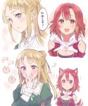  2girls :d ? absurdres afterimage animal_ear_fluff animal_ears bangs blush braid breasts brown_hair cleavage cleavage_cutout closed_mouth detached_sleeves dress eyebrows_visible_through_hair flying_sweatdrops green_dress hair_between_eyes hair_bun hair_ribbon highres izetta juliet_sleeves kemonomimi_mode long_hair long_sleeves medium_breasts multiple_girls open_mouth ortfine_fredericka_von_eylstadt parted_lips puffy_sleeves purple_eyes red_dress red_eyes red_hair red_sleeves ribbon shuumatsu_no_izetta sleeveless sleeveless_dress smile sorimachi-doufu spoken_question_mark tail tail_wagging translation_request very_long_hair yellow_ribbon 