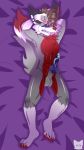  2019 absurd_res anthro balls bodily_fluids canid canine canis dakimakura_design digital_drawing_(artwork) digital_media_(artwork) erection fox fur genital_fluids genitals hair hi_res josendall_art looking_at_viewer male mammal nude paws penis red_eyes shadow_(josendall) simple_background solo wolf 