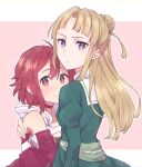  2girls absurdres ahoge bangs blush braid brown_hair closed_mouth detached_sleeves dress flying_sweatdrops green_dress hair_between_eyes hair_bun highres izetta juliet_sleeves long_hair long_sleeves multiple_girls ortfine_fredericka_von_eylstadt outline parted_bangs pink_background puffy_sleeves purple_eyes red_dress red_eyes red_hair red_sleeves sailor_collar sailor_dress shuumatsu_no_izetta sleeveless sleeveless_dress sorimachi-doufu sparkle sweat two-tone_background very_long_hair wavy_mouth white_background white_outline white_sailor_collar yuri 