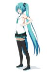  1girl aqua_eyes aqua_hair aqua_neckwear armpits bangs bare_shoulders black_legwear black_skirt boots clenched_hand commentary from_side full_body hair_between_eyes hair_ornament hair_over_eyes hand_on_hip hatsune_miku long_hair looking_at_viewer miniskirt necktie open_mouth peko pleated_skirt shadow shirt shoulder_tattoo skirt sleeveless sleeveless_shirt smile solo tattoo thigh_boots thighhighs twintails very_long_hair vocaloid vocaloid_(lat-type_ver) white_background white_shirt zettai_ryouiki 