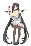  1girl :q absurdly_long_hair absurdres ahoge alternate_costume apron azur_lane bangs bare_shoulders black_gloves black_hair breasts brown_legwear chain chixiao cleavage collar collarbone commentary crossed_bangs elbow_gloves enmaided frilled_apron frills full_body garter_straps gloves head_tilt highres holding holding_knife holding_tray huge_breasts kitchen_knife knife leaning_forward long_hair looking_at_viewer maid maid_headdress partly_fingerless_gloves red_eyes simple_background smile solo standing taihou_(azur_lane) thighhighs tongue tongue_out tray twintails very_long_hair waist_apron white_apron white_background wrist_cuffs 