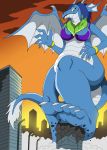  2019 5_fingers 5_toes anthro bottomless bra bracelet building building_damage chest_tuft clothed clothing dragon female fingers green_eyes horn jewelry looking_at_viewer macro plantigrade rampage sapphy sky skyscraper slightly_chubby smile solo street_lamp toes tuft underwear vegabone wings 
