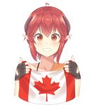  1girl absurdres aceofbros ahoge black_gloves blush bra_strap brown_eyes canadian_flag collarbone eyebrows_visible_through_hair fingerless_gloves flag freckles gloves grin heart_ahoge highres holding holding_flag looking_at_viewer original parted_lips pointy_ears red_hair short_hair sidelocks smile solo teeth 
