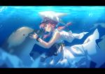  1girl arknights blush bubble chinese_commentary closed_eyes closed_mouth cowboy_shot dolphin dress from_side highres kagura_tohru letterboxed medium_hair pink_hair profile purestream_(arknights) sleeveless sleeveless_dress smile solo twintails underwater visor_cap white_dress white_headwear wristband 