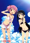  2girls :&lt; ;d akemi_homura alternate_costume artist_request bare_arms bare_legs bare_shoulders bikini black_bikini blue_sky blush breasts cloud cloudy_sky copyright_name crotch_seam day dot_nose eyebrows_visible_through_hair feet_out_of_frame frilled_bikini frills frown hair_ribbon halterneck hand_in_hair hand_on_own_chest hand_on_own_leg hand_up highres kaname_madoka leaning leaning_forward legs_apart light_rays looking_at_viewer mahou_shoujo_madoka_magica multiple_girls navel official_art one_eye_closed open_mouth outdoors pink_eyes pink_hair pink_ribbon red_ribbon ribbon shiny shiny_skin short_twintails side-tie_bottom sky small_breasts smile standing stomach summer sunlight swimsuit twintails v v-shaped_eyebrows v_over_eye white_bikini 