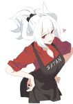  1girl apron breasts cleavage demon_girl demon_horns demon_tail eyebrows_visible_through_hair fang hands_on_hips heart helltaker horns large_breasts lucifer_(helltaker) ningen_(ningen96) red_eyes sleeves_rolled_up slit_pupils smile solo tail thick_eyebrows tied_hair white_hair 