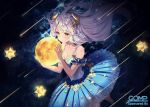  barefoot breasts cleavage dress gray_hair horns long_hair original planet rosuuri space stars twintails yellow_eyes 