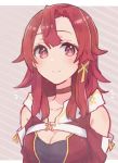  1girl absurdres bangs breasts choker cleavage cleavage_cutout closed_mouth diagonal_stripes dress eyebrows_visible_through_hair hair_ribbon highres izetta long_hair looking_at_viewer medium_breasts red_choker red_dress red_eyes red_hair ribbon shoulder_cutout shuumatsu_no_izetta smile solo sorimachi-doufu striped striped_background upper_body yellow_ribbon 