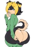  anthro big_butt black_hair blonde_hair blue_eyes bottomless butt butt_pose canid canine canis clothed clothing desi domestic_dog hair holding_butt huge_butt legwear looking_at_viewer male_(lore) mammal multicolored_hair pose simple_background solo thecon thigh_highs two_tone_hair white_background 