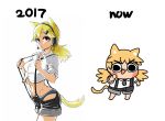  1girl 2017 afei_(sfma3248) animal_ears artist_progress bangs barefoot black_eyes black_neckwear black_shorts blonde_hair blue_panties breasts cat_ears chibi chinese_commentary collared_shirt commentary_request cowboy_shot from_side full_body girls_frontline hair_ornament hairclip headphones headset highres hip_vent idw_(girls_frontline) long_hair looking_at_viewer multiple_views navel necktie panties pointing pointing_at_viewer ponytail pulling shirt short_sleeves shorts small_breasts suspenders swept_bangs tail twintails underwear v-shaped_eyebrows white_shirt 