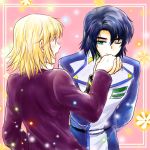  1boy 1girl athrun_zala blonde_hair blue_hair blush cagalli_yula_athha couple green_eyes gundam gundam_seed gundam_seed_destiny hand_kiss kiss light_smile military military_uniform one_eye_closed parubinko uniform yellow_eyes 