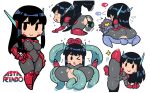  +_+ 1boy 1girl :&gt; anal asta_rindo black_hair blue_skin blush_stickers bodysuit bound bound_wrists breasts chibi closed_mouth covered_navel double_penetration elbow_gloves flying_sweatdrops foot_up gloves grey_bodysuit hand_on_hip headgear hetero highres large_breasts leg_up long_hair open_mouth original rariatto_(ganguri) red_gloves sex smile spread_legs standing standing_on_one_leg suspended_congress suspension tentacle_sex tentacles torogao vaginal 