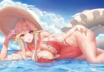  1girl absurdres azur_lane bangs blonde_hair blush breasts cleavage cloud covered_navel hat highres innertube large_breasts long_hair looking_at_viewer lying ocean on_side one-piece_swimsuit pink_swimsuit purple_eyes richelieu_(azur_lane) richelieu_(flagship_in_the_sea_breeze)_(azur_lane) sky solo sun_hat swimsuit tango_(jjsw4524) 