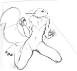  2020 anthro black_and_white breasts digimon digimon_(species) female front_view full-length_portrait genitals high-angle_view mammal monochrome nipples nude portrait pussy renamon sabrotiger sketch small_breasts solo 