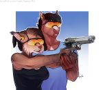  2020 5_fingers aiming aiming_weapon anthro big_breasts black_clothing black_shirt black_topwear breasts brown_body brown_fur brown_hair cheek_tuft citra_(sosya142) clothed clothing dark_fur dark_shirt digital_media_(artwork) draft_horse dreadlocks duo ear_tuft earmuffs equid equine eyebrows eyewear facial_tuft felid feline female fingers fur goggles gradient_background gun hair handgun holding_object holding_weapon horse kenneth_(sosya142) light_fur light_shirt looking_forward lynx male mammal multicolored_body multicolored_fur pistol ranged_weapon shaking shirt signature simple_background sosya142 standing t-shirt tank_top topwear trembling tuft two_tone_body two_tone_fur weapon wearing_goggles white_body white_fur 