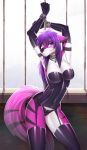  anthro bdsm bondage bound breasts canid canine clothed clothing collar female fox hair handcuffs hi_res knight_dd looking_at_viewer mammal rubber selene_leni shackles solo standing 