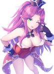  1girl angela_(seiken_densetsu_3) bare_shoulders black_gloves black_headwear boots breasts cleavage colored_eyelashes gloves green_eyes haribote_(tarao) hat large_breasts leotard long_hair looking_at_viewer one_eye_closed pointy_ears purple_hair red_leotard seiken_densetsu seiken_densetsu_3 simple_background solo standing tongue tongue_out white_background 