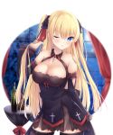  1girl absurdres azur_lane bare_shoulders black_dress black_legwear blonde_hair blue_eyes blush bottle bow breasts cleavage cross curtains detached_sleeves dress eyebrows_visible_through_hair hair_bow hair_ornament hand_in_hair highres kiri_celea large_breasts layered_dress long_hair one_eye_closed short_dress sussex_(azur_lane) sussex_(wine_and_red_roses)_(azue_lane) thighhighs wine_bottle 