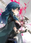  1girl blue_eyes blue_hair byleth_(fire_emblem) byleth_(fire_emblem)_(female) closed_mouth dagger fire_emblem fire_emblem:_three_houses from_side gimkamres04 highres holding holding_sword holding_weapon sheath sheathed simple_background solo sword sword_of_the_creator twitter_username upper_body weapon 