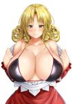  1girl bangs bare_shoulders bikini blonde_hair blush breasts cleavage closed_mouth collarbone commentary_request curly_hair drill_hair ebi_193 elly eyebrows_visible_through_hair frills huge_breasts long_hair long_sleeves looking_at_viewer open_clothes open_shirt shiny shiny_clothes shirt simple_background skirt smile solo string_bikini swimsuit touhou twin_drills undressing upper_body white_background yellow_eyes 