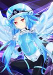  1girl absurdres blue_hair bodysuit breasts covered_navel feathers flat_chest gauntlets hair_ornament hat highres long_hair looking_at_viewer neptune_(series) next_white orange_eyes shibuminigai shin_jigen_game_neptune_vii sidelocks smile solo symbol-shaped_pupils white_heart 