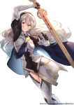  1girl armor black_gloves black_hair blue_cape cape closed_mouth commission corrin_(fire_emblem) corrin_(fire_emblem)_(female) fire_emblem fire_emblem_fates gloves hairband highres holding holding_sword holding_weapon k3nzoteruta long_hair red_eyes simple_background solo sword twitter_username weapon white_background white_hair yato_(fire_emblem) 