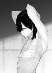  1girl absurdres armpits arms_up bangs budget_sarashi collarbone eyelashes flat_chest from_side greyscale highres kaga_(kantai_collection) kantai_collection monochrome profile ribs sarashi solo stitches tocky upper_body 