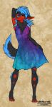  2020 4_toes alishka anthro black_body black_fur blue_hair blue_nose canid canine canis clothed clothing digital_media_(artwork) domestic_dog female fingers fur hair hi_res mammal simple_background smile solo standing toes yellow_eyes 