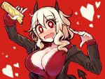  1girl black_jacket breasts cleavage collarbone demon_tail dress_shirt eyes_visible_through_hair food hair_between_eyes heart heart-shaped_pupils helltaker horns jacket kuresento large_breasts medium_hair modeus_(helltaker) open_clothes open_shirt red_background red_eyes red_shirt shirt sidelocks simple_background solo symbol-shaped_pupils tail unbuttoned upper_body wavy_mouth white_hair 