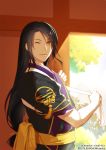  1boy beads black_hair eyes_visible_through_hair japanese_clothes jirou_tachi kimono long_hair low-tied_long_hair male_focus official_art one_eye_closed smile sunlight tasuki tomida_tomomi touken_ranbu tree yellow_eyes 