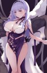  1girl azur_lane bangs bare_shoulders blush breasts cleavage closed_mouth dido_(anxious_bisque_doll)_(azur_lane) dido_(azur_lane) dress hairband halter_dress hand_in_hair highres itete large_breasts long_hair looking_at_viewer purple_dress purple_eyes purple_hairband side_slit smile thighs white_hair 