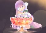 1girl bandage_over_one_eye bandaged_arm bandaged_head bandaged_leg bandages bangs bare_shoulders blush breasts cherry cup drinking_glass fate/extra fate/extra_ccc fate_(series) food fruit grey_background hair_ribbon highres kingprotea light_particles long_hair looking_at_viewer mentaiko_mamire mint moss naked_bandage open_mouth oversized_object purple_hair raspberry ribbon small_breasts smile very_long_hair 