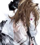  1girl animal_ears arknights bangs black_jacket blurry breasts brown_hair candy carrying_over_shoulder cleavage collarbone depth_of_field dutch_angle eyelashes fang fog food food_in_mouth from_side fur_trim hair_between_eyes hair_over_eyes holding holding_weapon jacket large_breasts lion_ears lollipop long_hair looking_at_viewer messy_hair mouth_hold off_shoulder open_mouth ponytail pvc_parfait siege_(arknights) simple_background solo tank_top upper_body weapon white_background 
