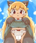  1girl :&lt; akuma_gaoru animal_ear_fluff animal_ears animal_nose black_fur blonde_hair blue_dress blush bow bow_panties commentary_request cowboy_shot cowlick crepix dress eyebrows_visible_through_hair from_below furry futaba_channel long_hair looking_at_viewer looking_down navel panties red_bow red_eyes sky solo sweatdrop underwear white_fur white_panties 