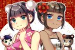  2girls bangs bare_shoulders bear black_hair blue_eyes blunt_bangs breasts brown_hair bun_cover chinese_clothes closed_mouth collarbone dark_skin double_bun doubutsu_no_mori dual_persona eyebrows_visible_through_hair flower hair_flower hair_ornament hand_up jasmine_(doubutsu_no_mori) looking_at_viewer maitacoco may_(doubutsu_no_mori) multiple_girls personification red_flower short_hair sleeveless small_breasts smile tank_top upper_body 