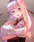  1girl :d arito_arayuru arm_up armpits azur_lane bangs blush breasts character_request drill_hair long_hair looking_at_viewer open_mouth purple_eyes sideboob silver_hair sleeveless smell smile solo sweat teeth 