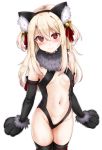  1girl animal_ears bangs bare_shoulders bell black_gloves black_legwear black_leotard blonde_hair blush breasts cat_ears cat_tail center_opening elbow_gloves fate/kaleid_liner_prisma_illya fate_(series) fur_collar gloves hair_between_eyes hair_ribbon highleg highleg_leotard highres illyasviel_von_einzbern jingle_bell leotard long_hair looking_at_viewer navel paw_gloves paws red_eyes red_ribbon ribbon simple_background small_breasts smile tail thighhighs touchuu_kasou two_side_up white_background 