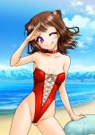  1girl akanako bang_dream! beach blue_sky breasts brown_hair casual_one-piece_swimsuit choker cloud collarbone commentary_request day highleg highleg_swimsuit highres looking_at_viewer ocean one-piece_swimsuit one_eye_closed outdoors purple_eyes red_swimsuit salute sky small_breasts solo standing swimsuit tongue tongue_out toyama_kasumi 