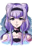  1girl bangs black_hairband choker collarbone double_bun eyebrows_visible_through_hair grin hair_between_eyes hairband hugtto!_precure long_hair looking_at_viewer low_twintails precure purple_eyes purple_hair ruru_amour shiny shiny_hair shoulder_cutout sidelocks simple_background sketch smile solo tsukikage_oyama twintails upper_body white_background 